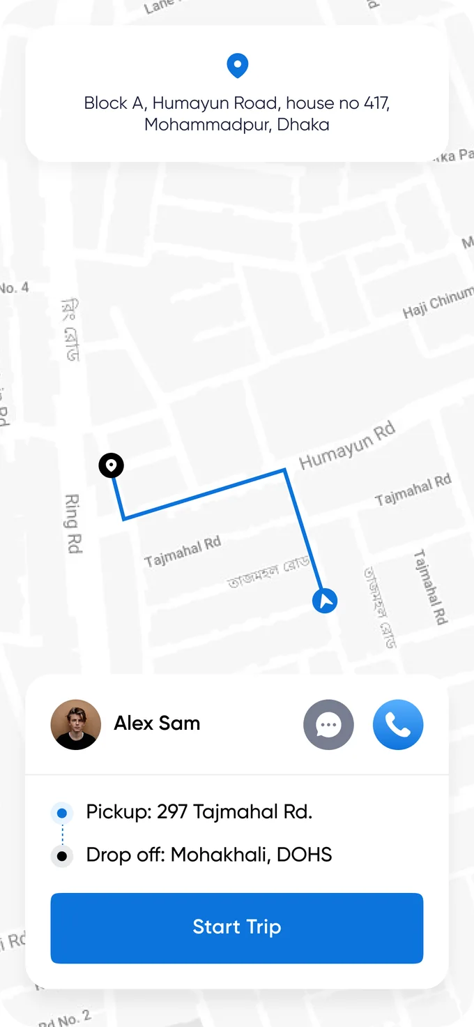 تطبيق Limo للسائق يعرض مسار رحلة نشطة وتفاصيل الراكب
