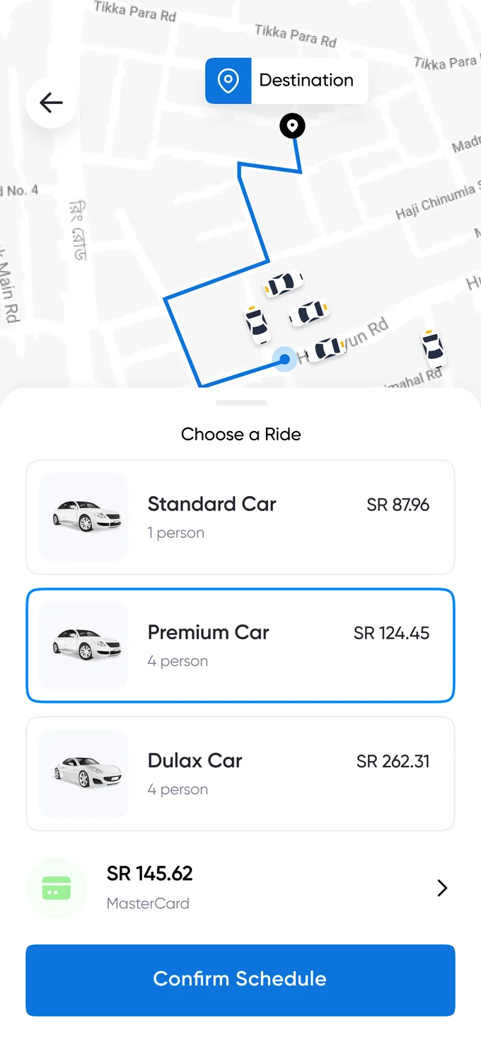 تطبيق Limo للراكب يعرض اختيار الرحلة عبر الخريطة والحجز المجدول